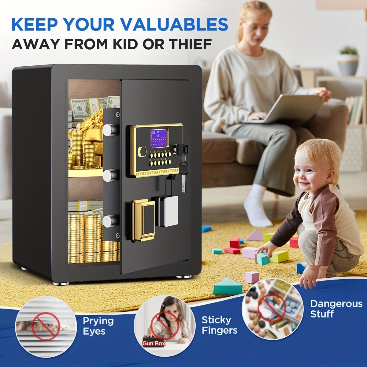 BESAFETY 3.5 Cuft Large Safe Box, Digital Keypad Home Security Safe With Fireproof Bag & Alarm System(Black)