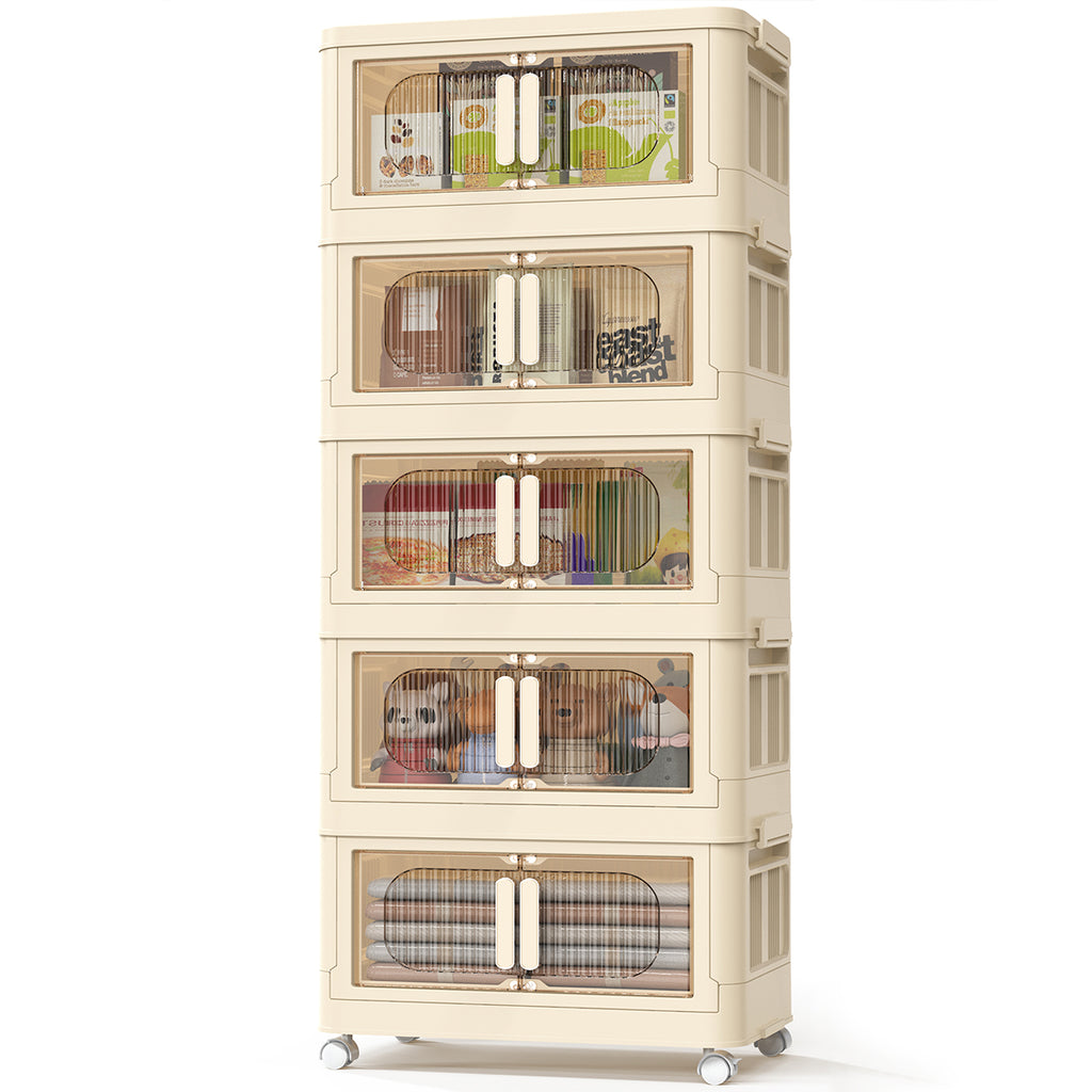 TNTANTS 5 Tiers Stackable Storage Bins with Wheels, Magnetic Dual Open Collapsible Storage Container with Lids, 125QT Folding Storage Box Bins for Closet Organizers, Home and Office, Beige