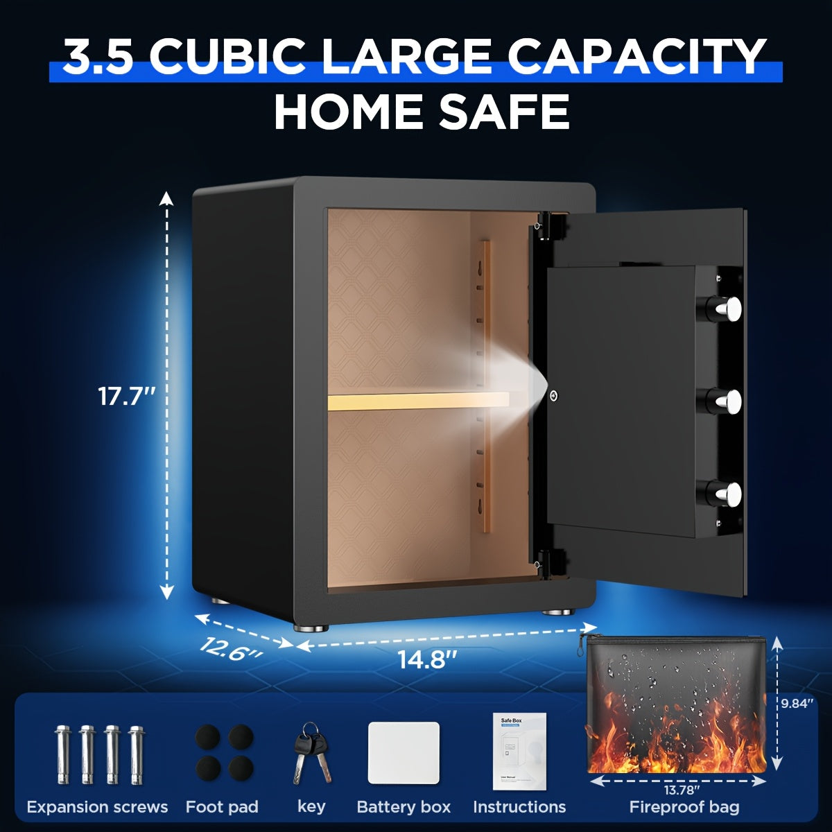 BESAFETY 3.5 Cuft Large Safe Box, Digital Keypad Home Security Safe With Fireproof Bag & Alarm System(Black)